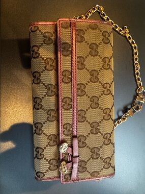 Gucci Brown GG Canvas Clutch with Maroon Trim and Gold Chain